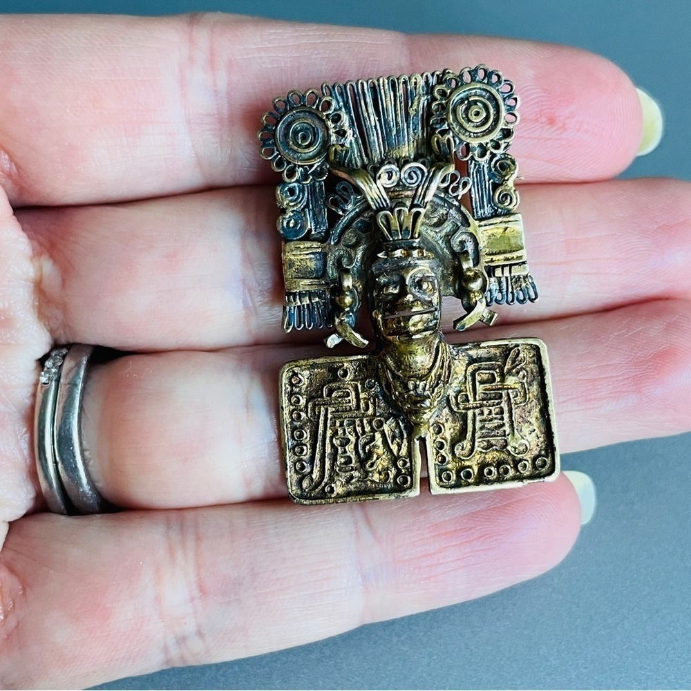 Mictlantecuhtli Aztec God of Death Sterling Silver Gold Pl Brooch Pendan… - Picture 3 of 7